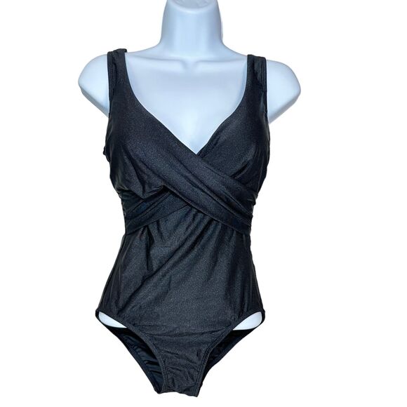 Tahari Women Tummy Control Underwire V Neck One Piece Swimsuit Black Small NWOT - Picture 4 of 7